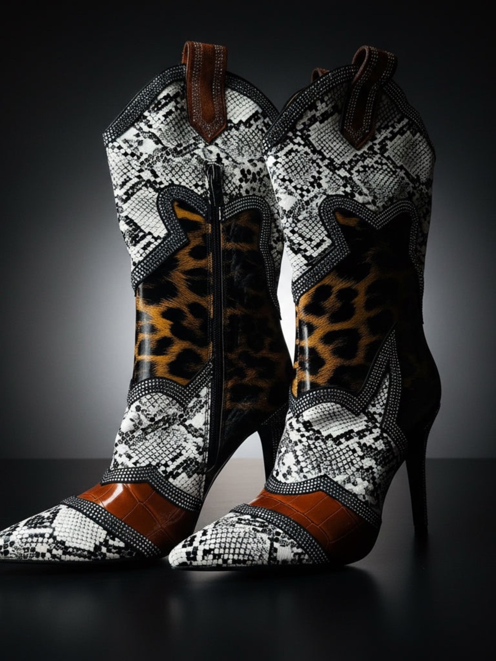 Leopard & Snake-Print Pointed Western Ankle Boots - Women's Brown/White - Picture 5 of 16